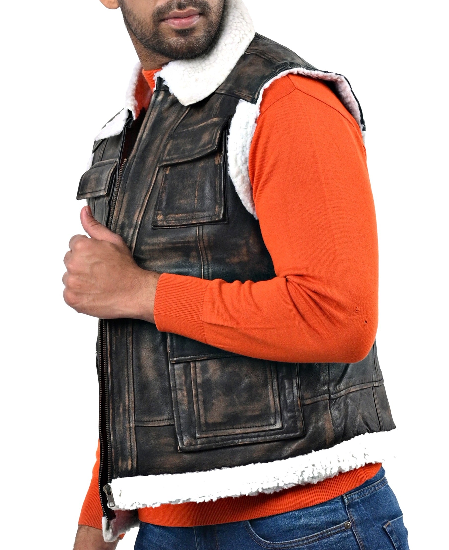 Basildon distressed brown leather aviator vest with fur collar and front zip closure

