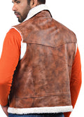 Axbridge aviator vest in tan real leather with front zip closure and shearling trim

