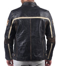 Men’s black leather jacket with beige racing stripes and front zip closure

