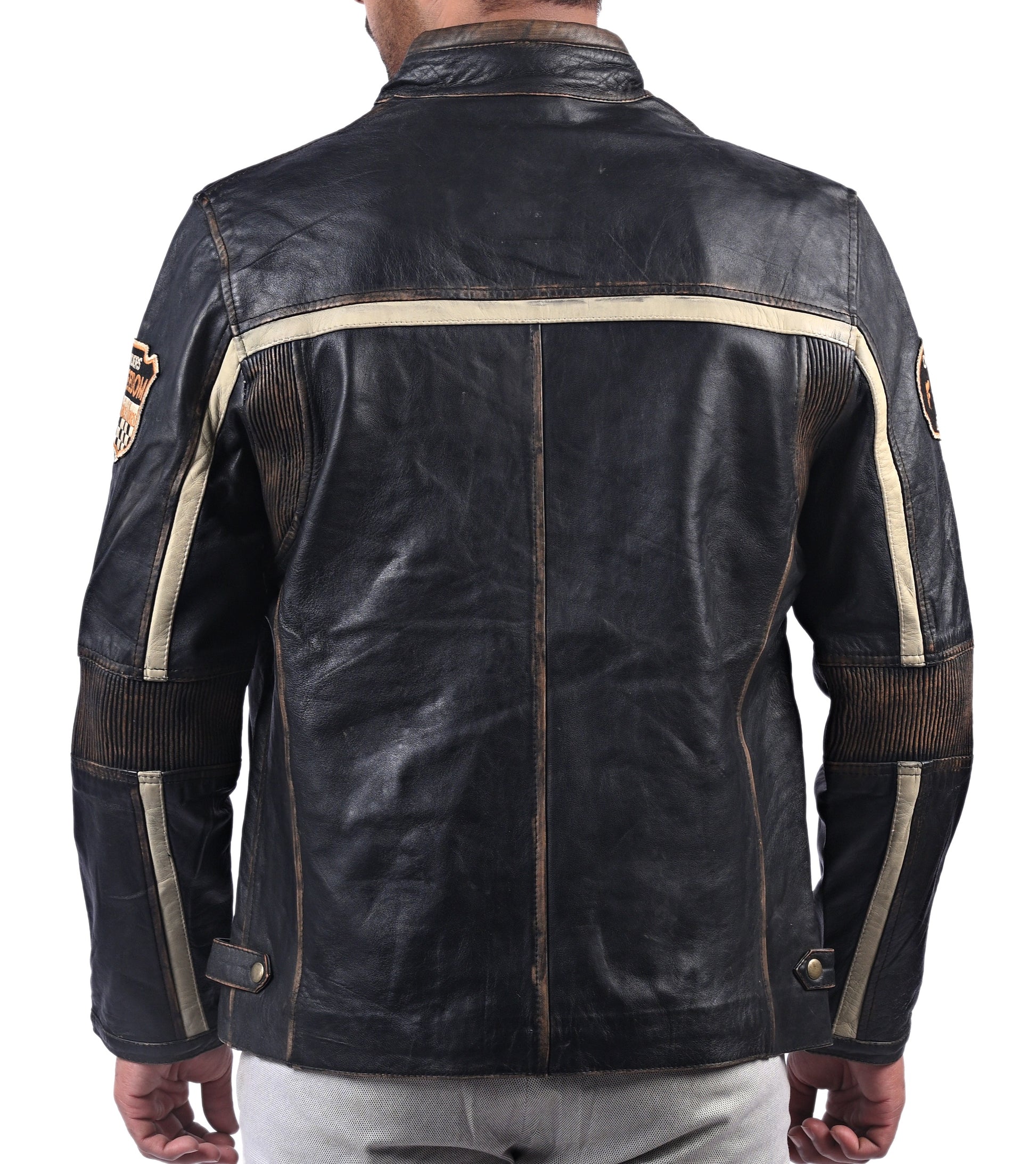 Men’s black leather jacket with beige racing stripes and front zip closure

