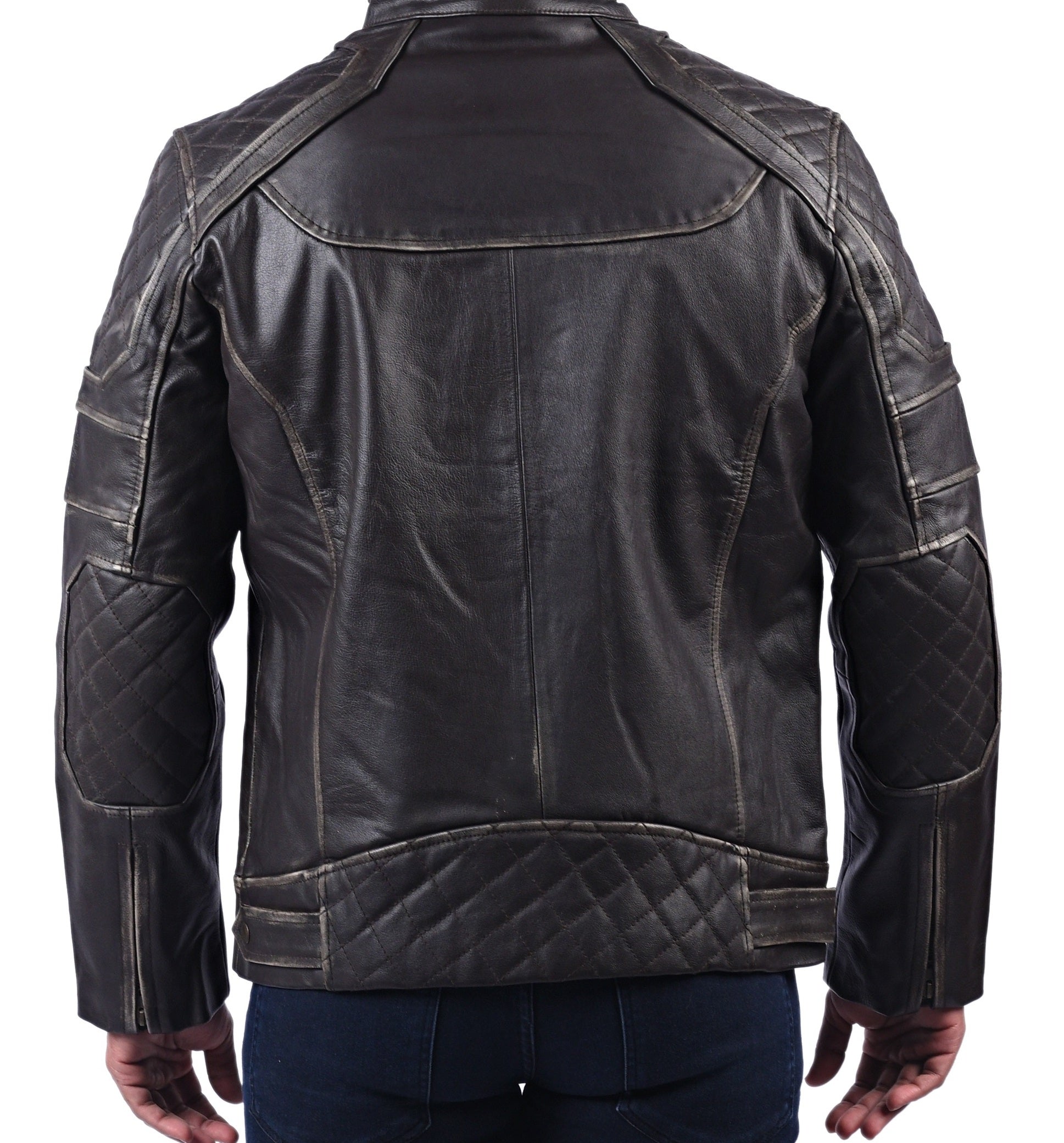 Men’s black distressed cowhide leather jacket with front zipper and rugged texture

