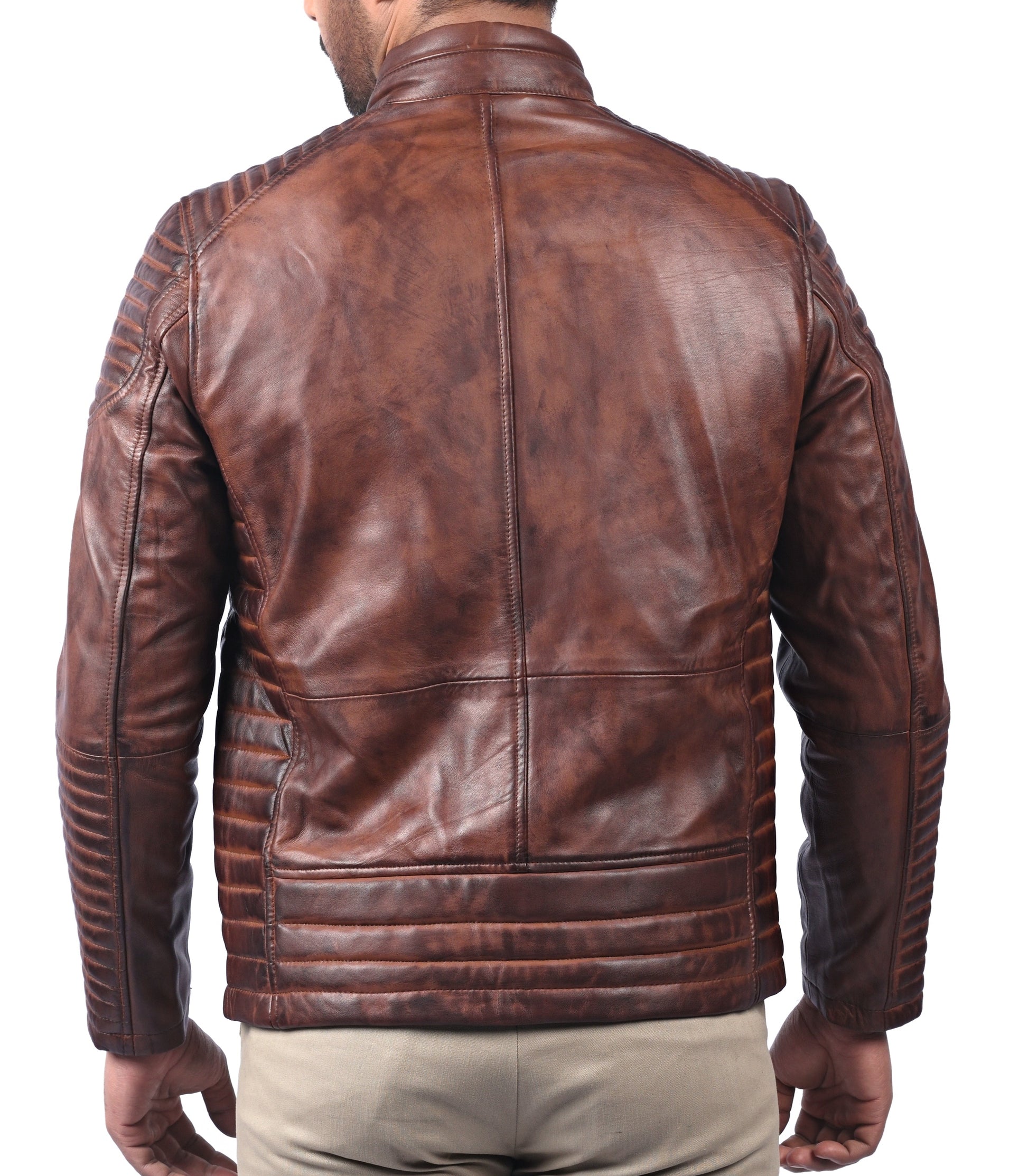 Men’s classic brown waxed real leather jacket with front zipper and multiple pockets

