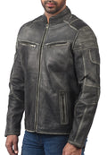 Men’s distressed gray cafe racer leather jacket with front zipper and slim fit

