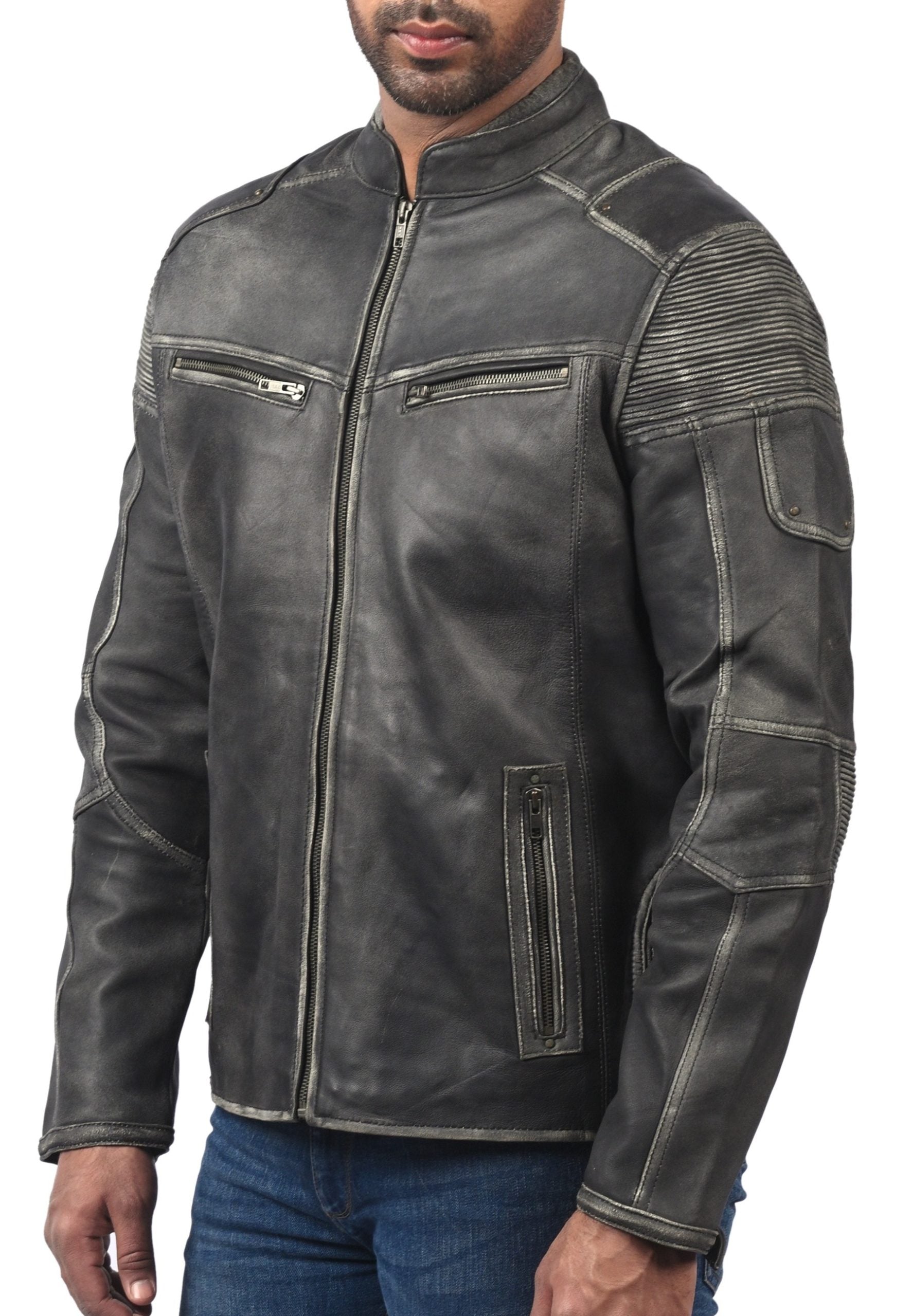 Men’s distressed gray cafe racer leather jacket with front zipper and slim fit

