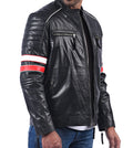 Men’s black biker leather jacket with red, white, and blue multi-stripe sleeve accents

