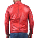Plymouth men’s red leather biker jacket with asymmetrical front zip and classic lapel collar

