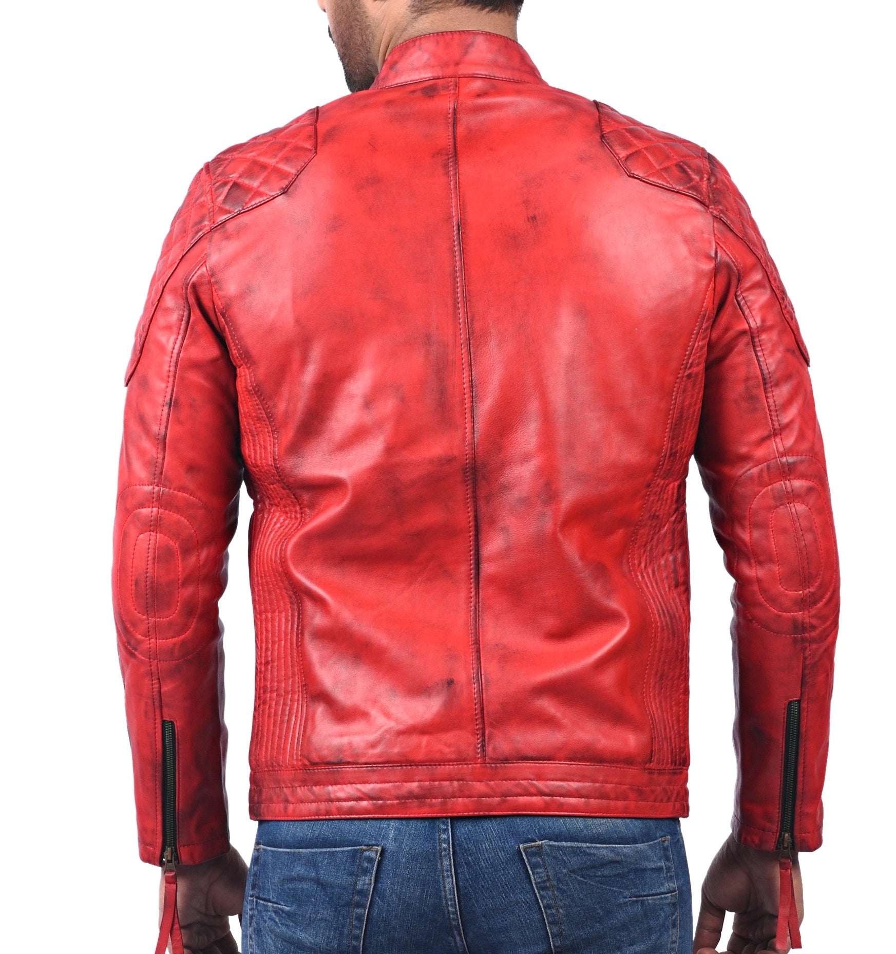 Plymouth men’s red leather biker jacket with asymmetrical front zip and classic lapel collar

