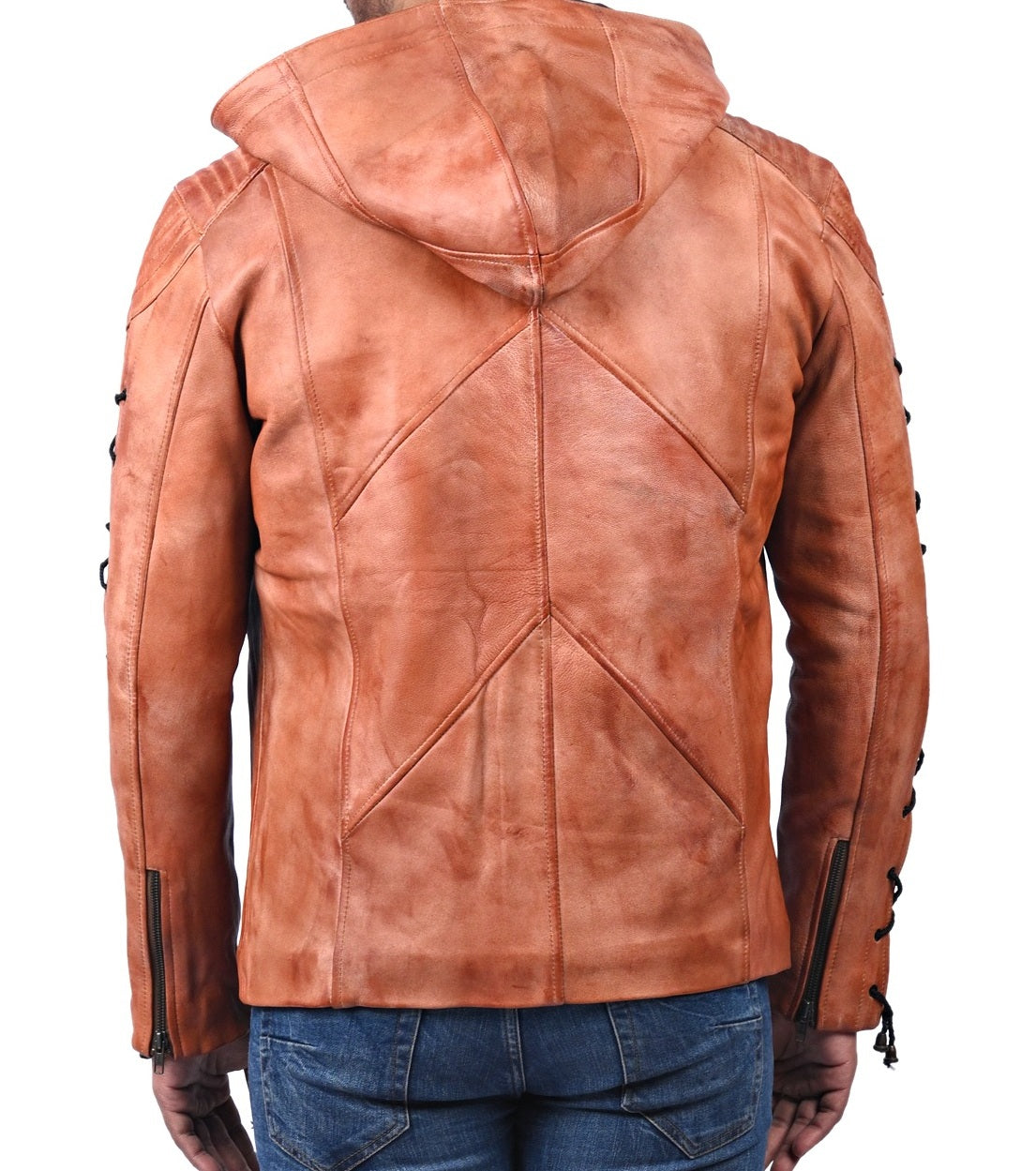 Roy Harper Arrow men’s tan waxed real leather hoodie jacket with front zip closure

