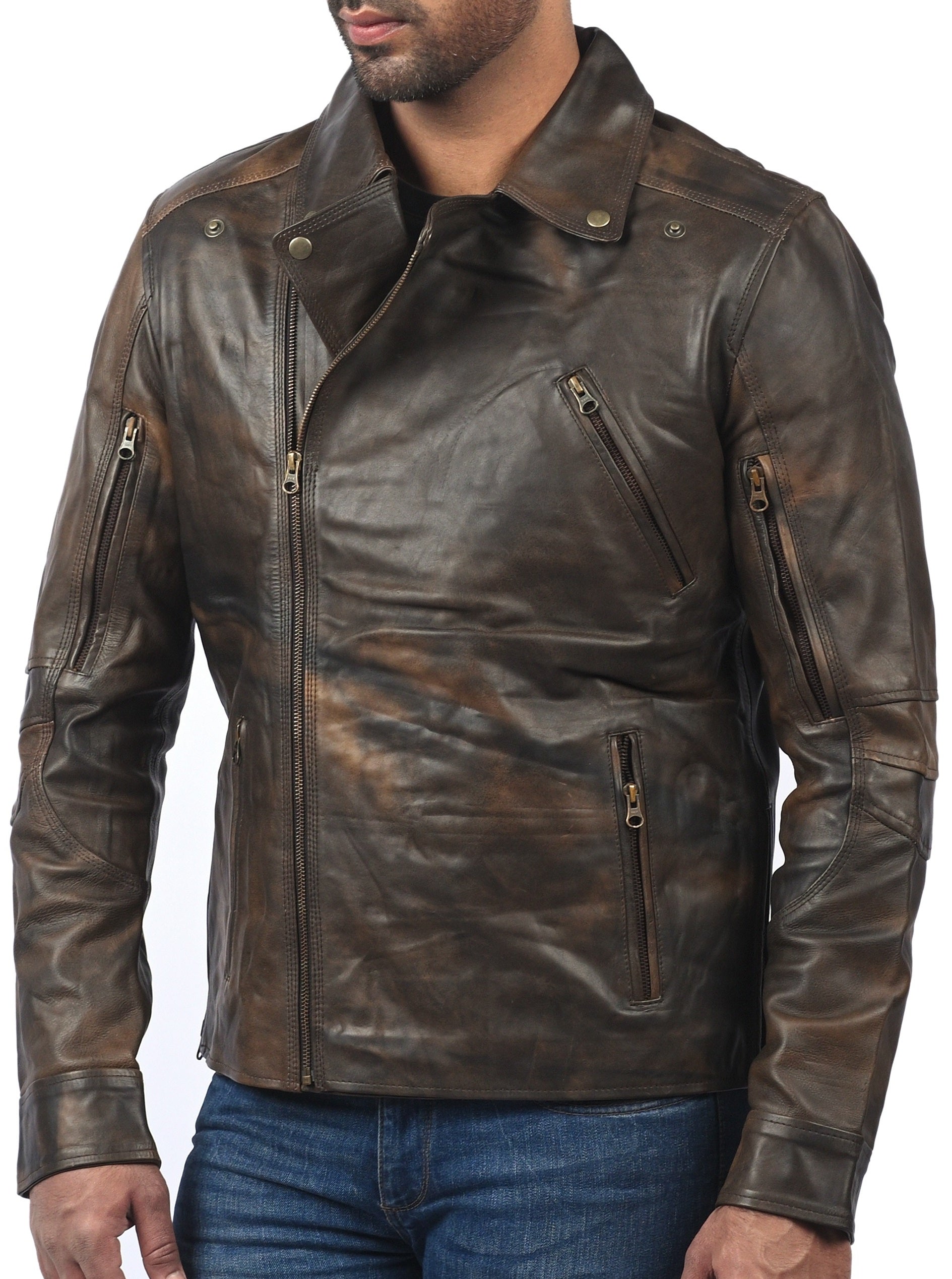 Triple Stitch women’s distressed brown leather jacket with double-breasted front and rugged finish


