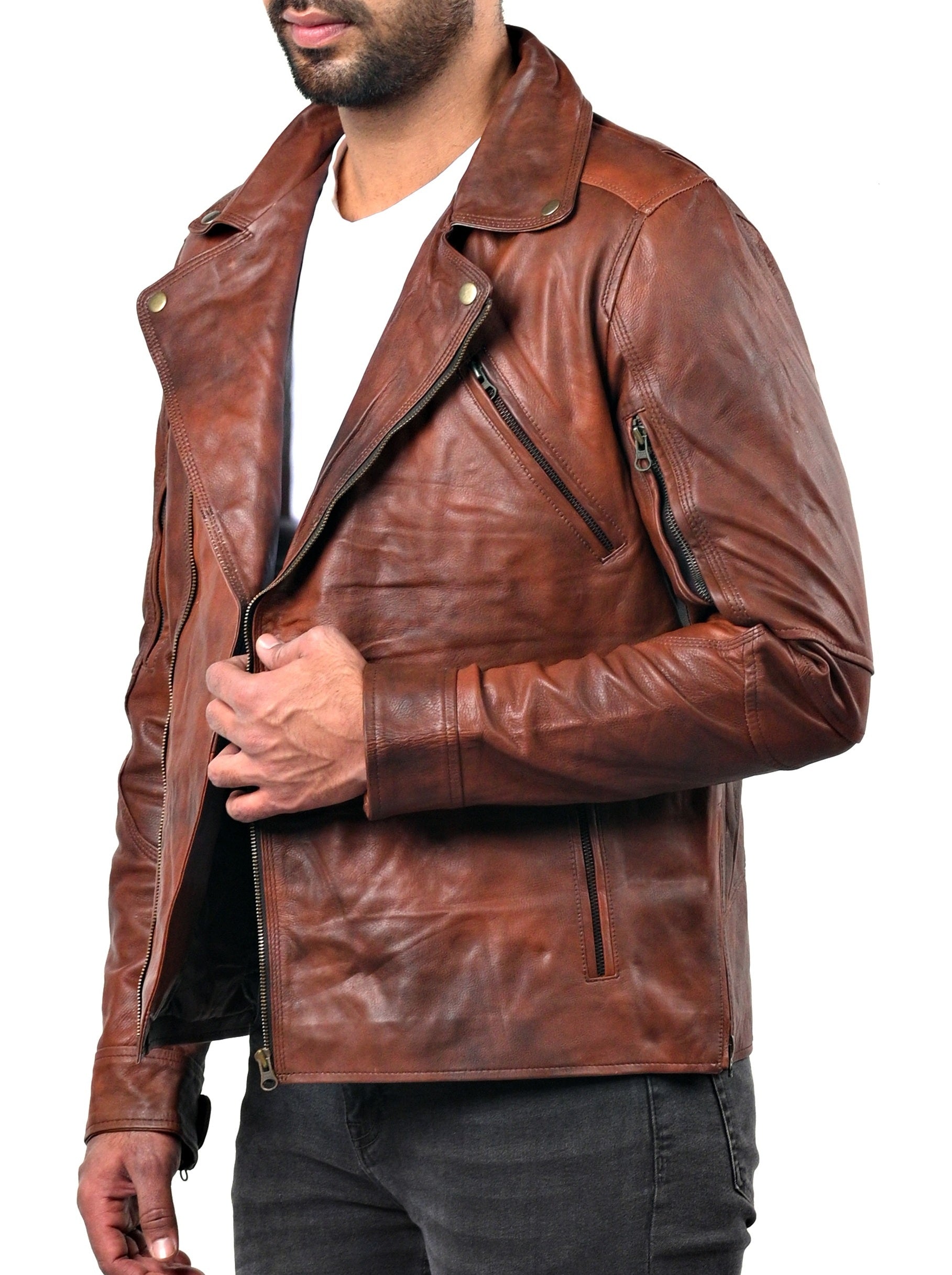 Triple Stitch men’s distressed camel leather jacket with double-breasted front and rugged finish

