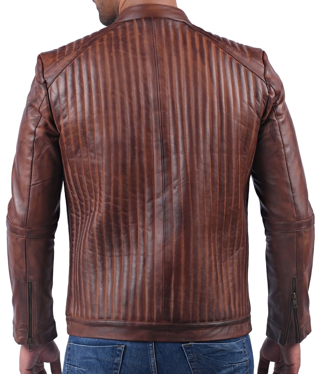 York women’s brown biker jacket with distinctive wavy textured leather design

