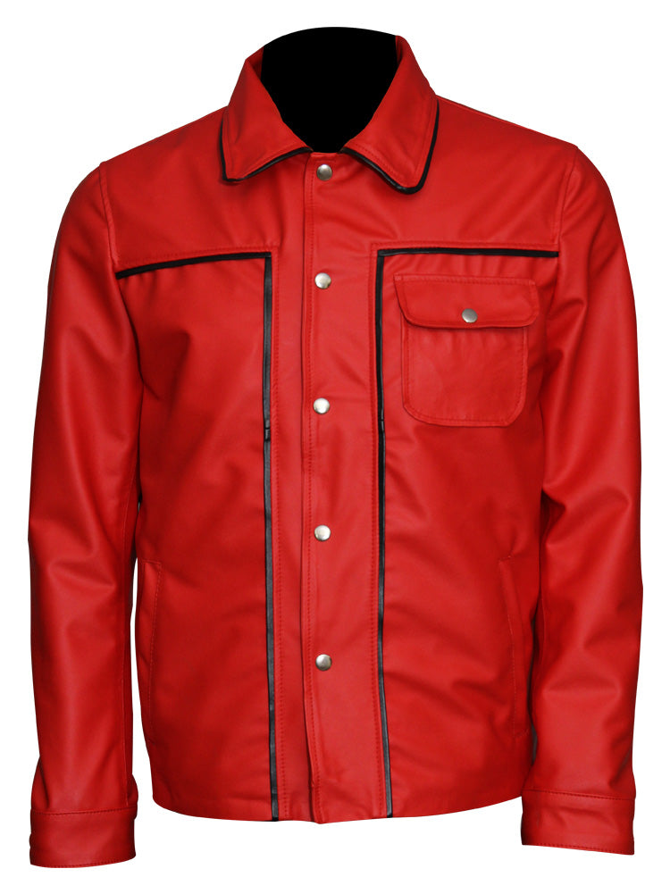 "Elvis Presley red leather jacket made from real lambskin"

"Classic red leather jacket with shirt-style collar inspired by Elvis"

"Front view of Elvis Presley style button-up red jacket"

"Genuine lambskin leather celebrity jacket with chest and hand pockets"

"Retro red leather jacket inspired by the King of Rock"
