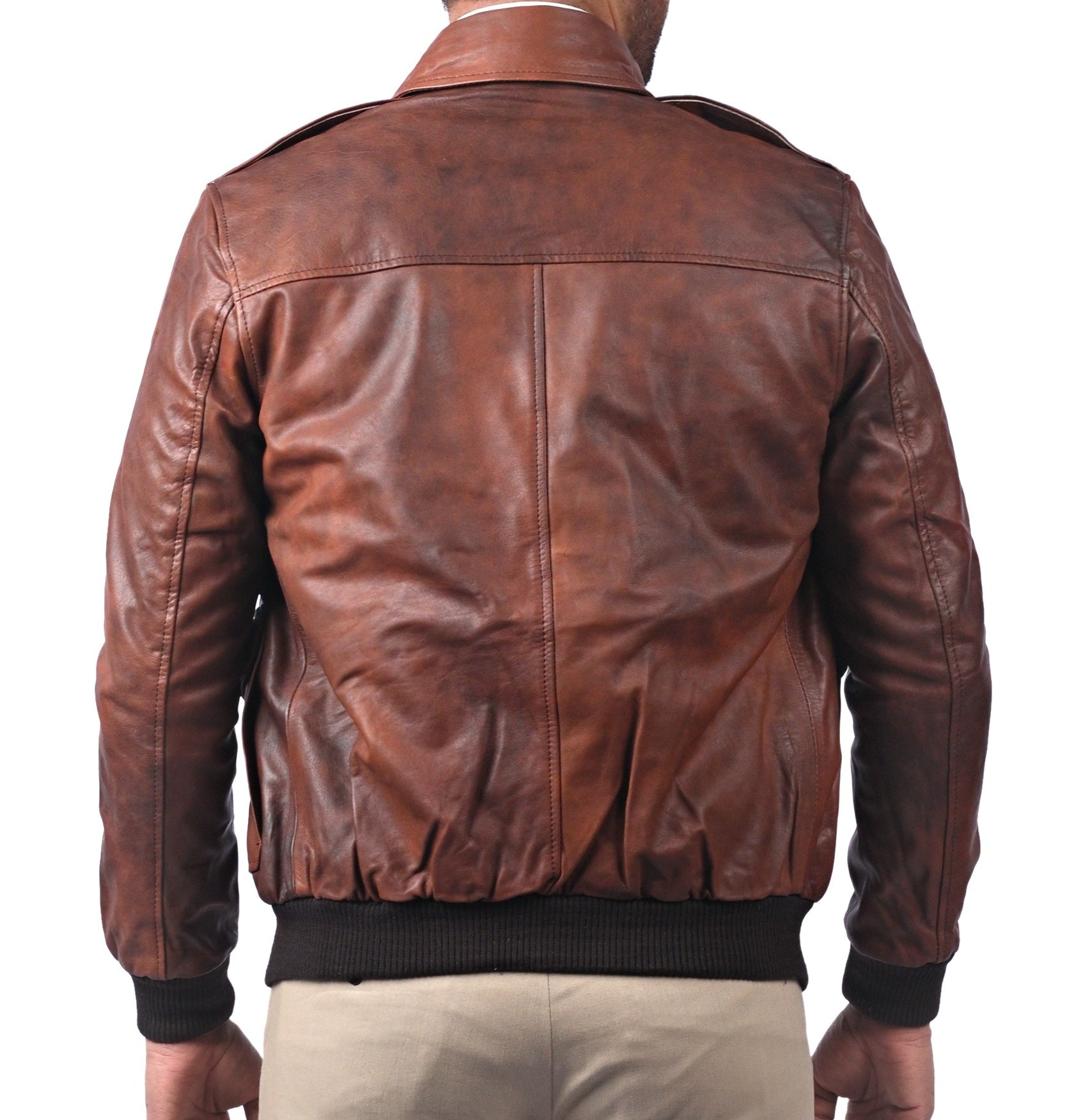Aviator A2 men’s brown leather pilot bomber jacket with front zipper and flap pockets

