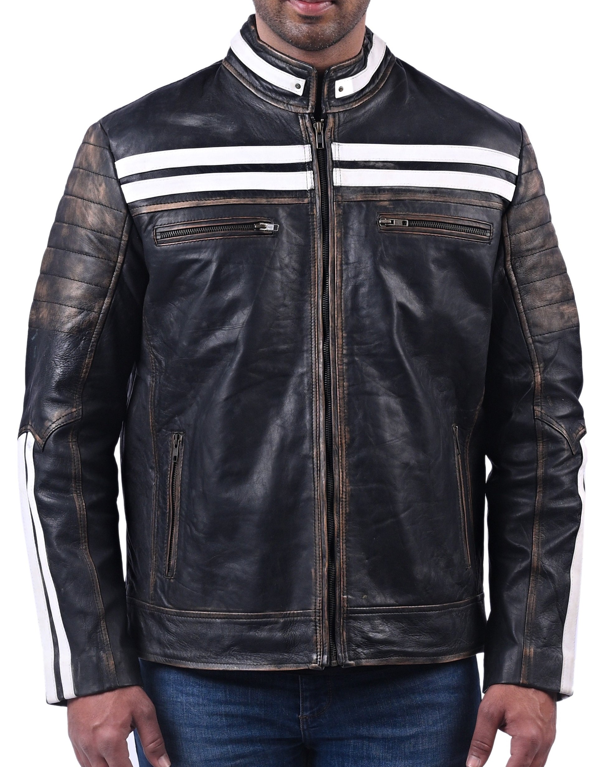 Men’s black distressed real cow leather jacket with rugged finish and zip-up front

