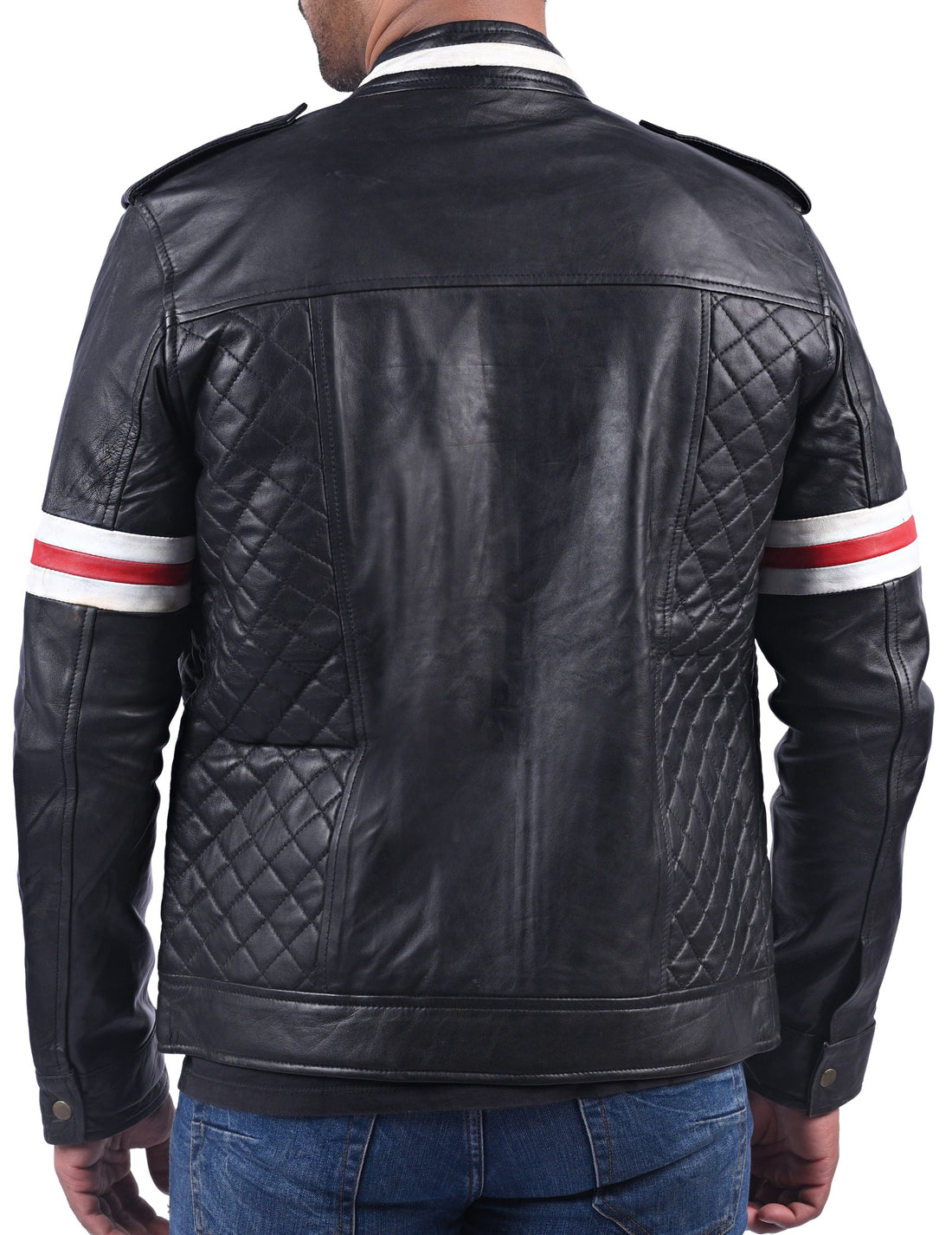 Black men’s quilted leather jacket with stylish modern fit and padded design


