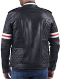 Black men’s quilted leather jacket with stylish modern fit and padded design

