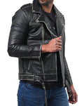 Men’s distressed black biker leather jacket with front zipper and rugged texture

