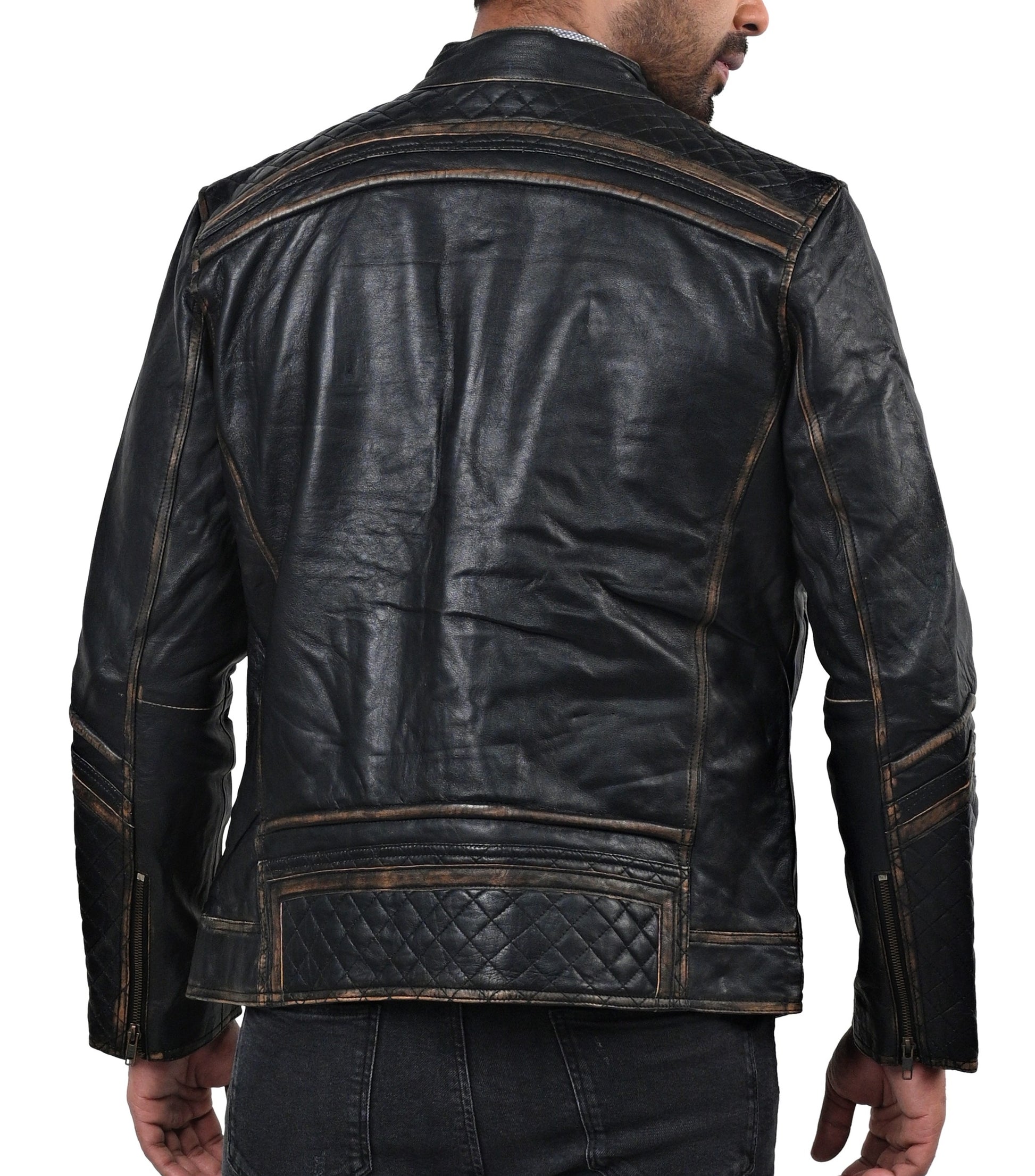 Fast Lemmy black motorcycle leather jacket with front zipper and zippered pockets


