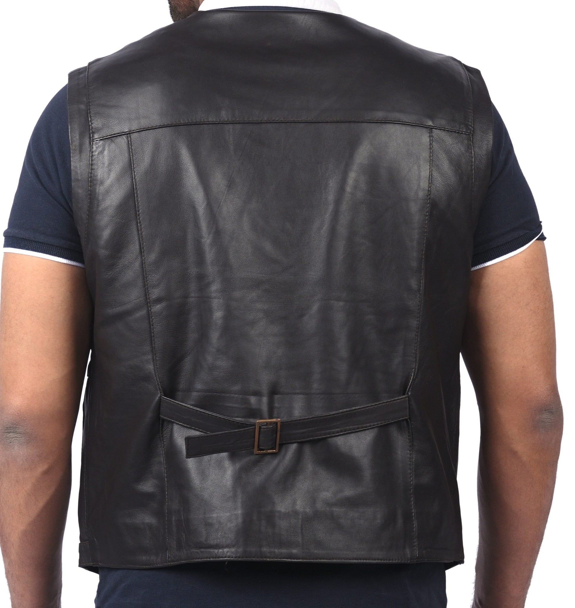 Basingstoke men’s black leather vest with front zipper and zippered pockets


