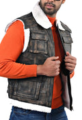 Basildon distressed brown leather aviator vest with fur collar and front zip closure

