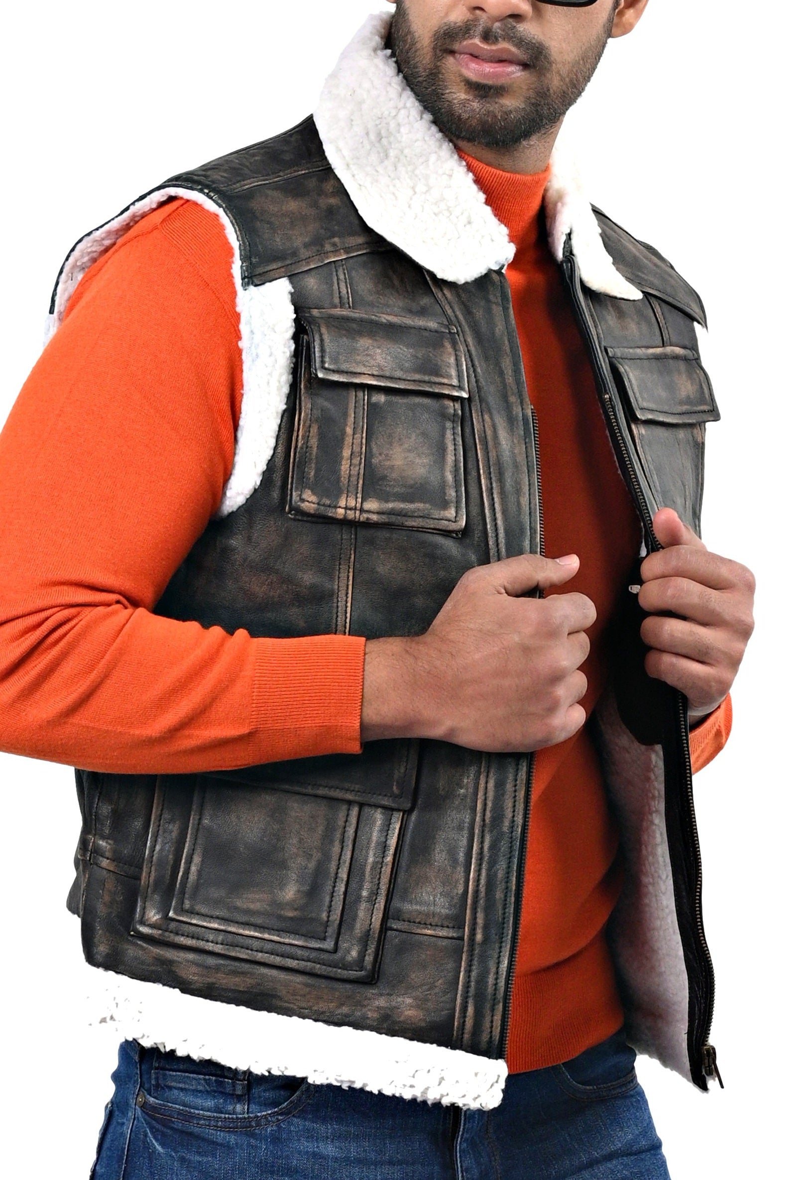 Basildon distressed brown leather aviator vest with fur collar and front zip closure

