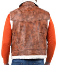 Axbridge aviator vest in tan real leather with front zip closure and shearling trim

