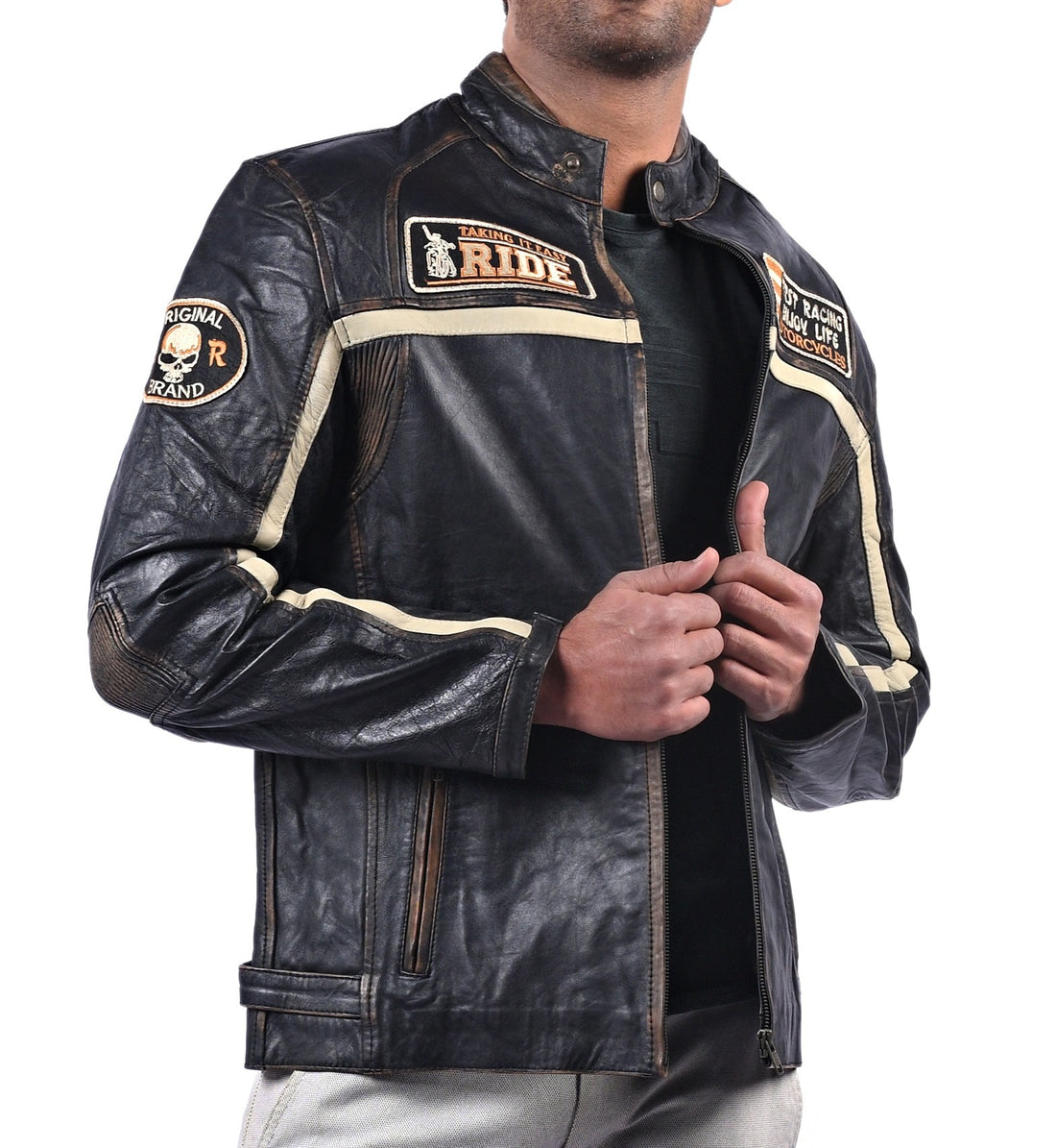 Men’s black leather jacket with beige racing stripes and front zip closure


