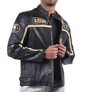 Men’s black leather jacket with beige racing stripes and front zip closure

