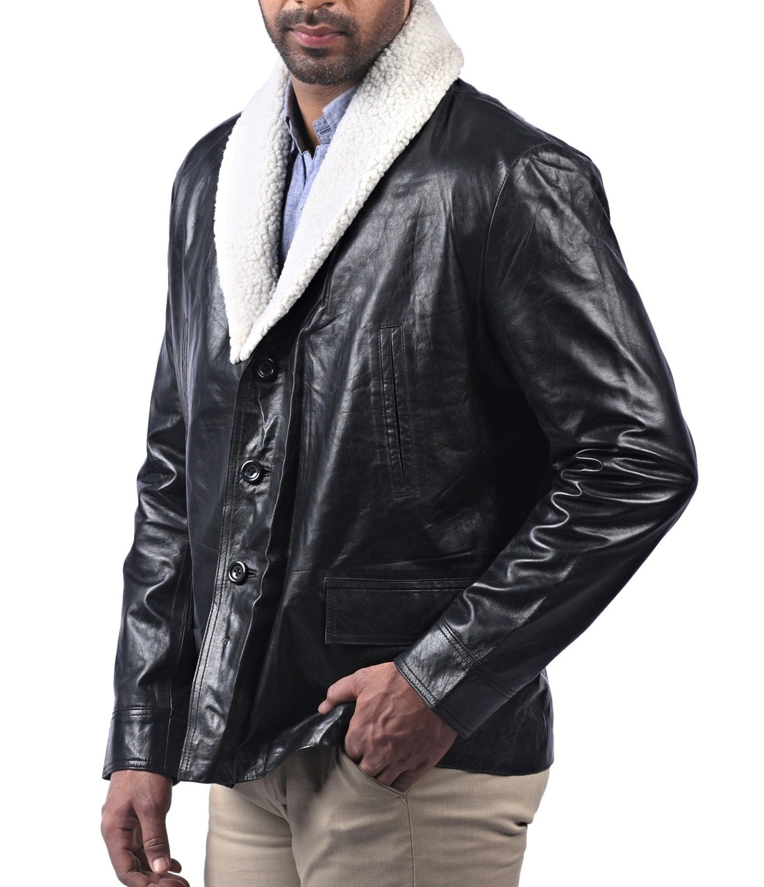 Alford black aviator jacket for men with shearling collar and front zipper

