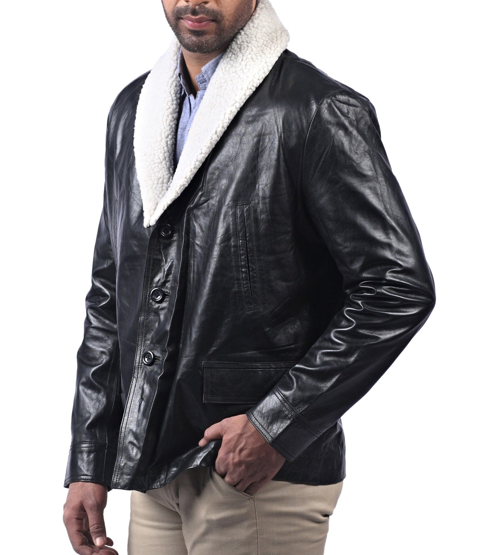Alford black aviator jacket for men with shearling collar and front zipper


