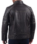 Men’s black distressed cowhide leather jacket with front zipper and rugged texture

