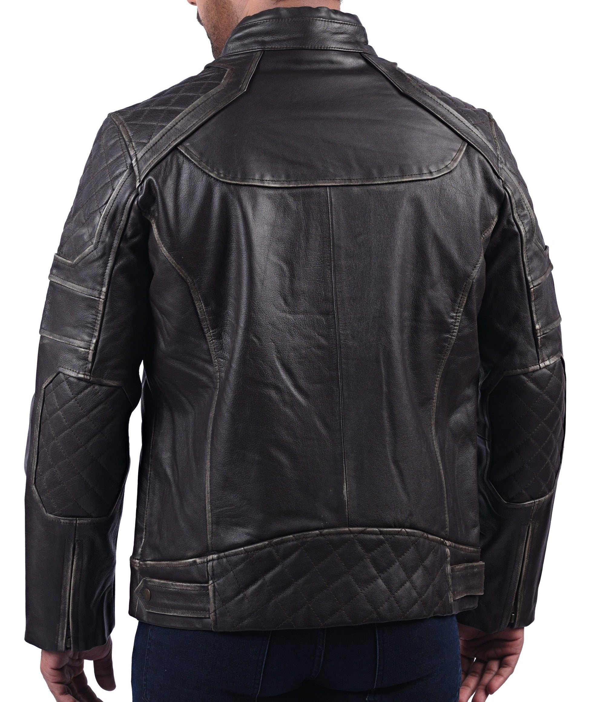 Men’s black distressed cowhide leather jacket with front zipper and rugged texture

