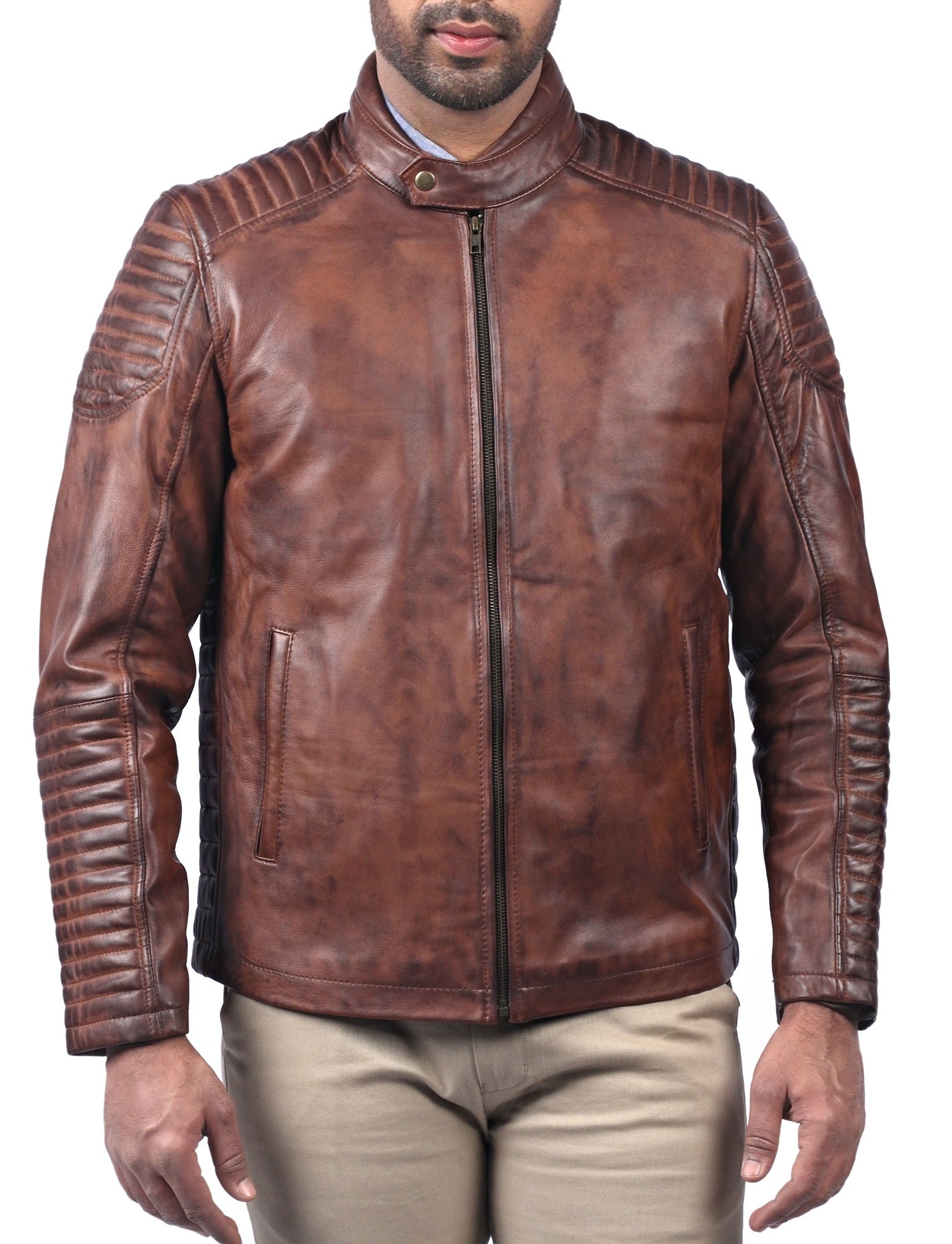 Men’s classic brown waxed real leather jacket with front zipper and multiple pockets

