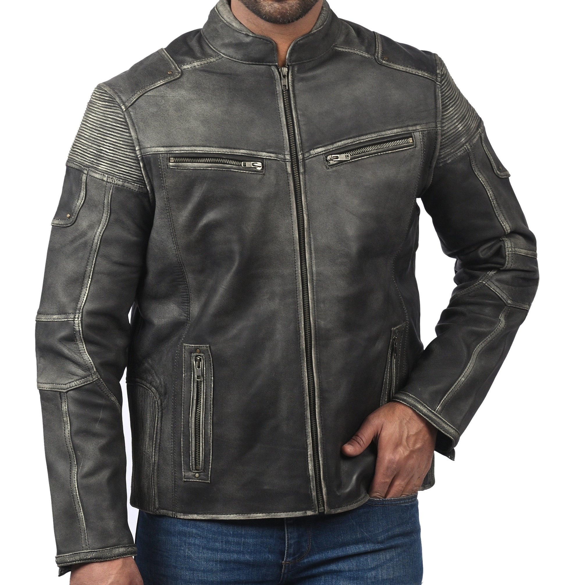 Men’s distressed gray cafe racer leather jacket with front zipper and slim fit

