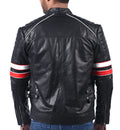 Men’s black biker leather jacket with red, white, and blue multi-stripe sleeve accents

