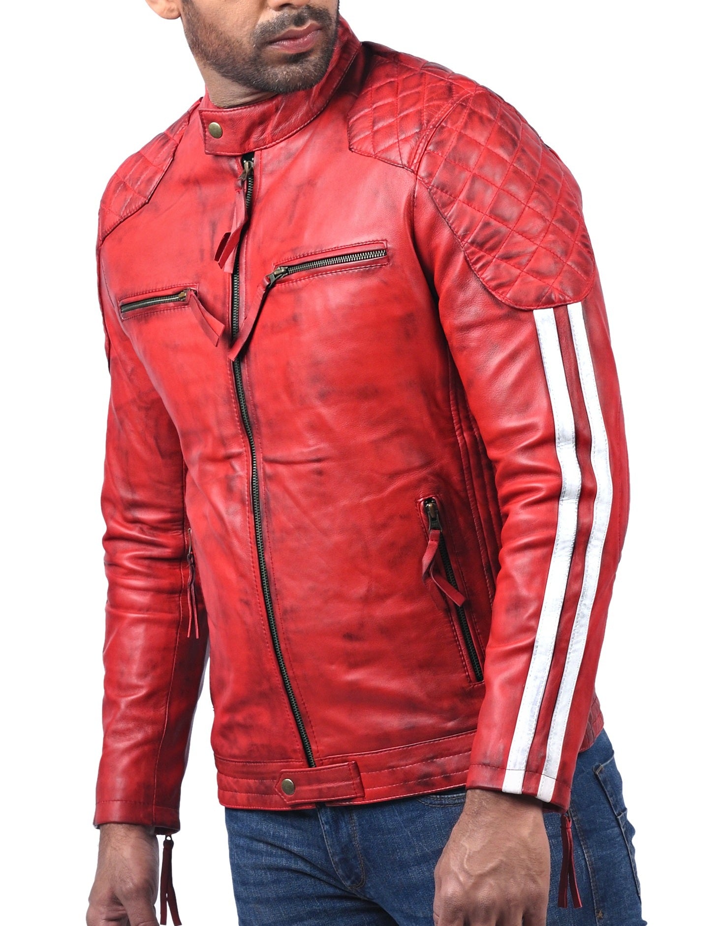 Plymouth men’s red leather biker jacket with asymmetrical front zip and classic lapel collar

