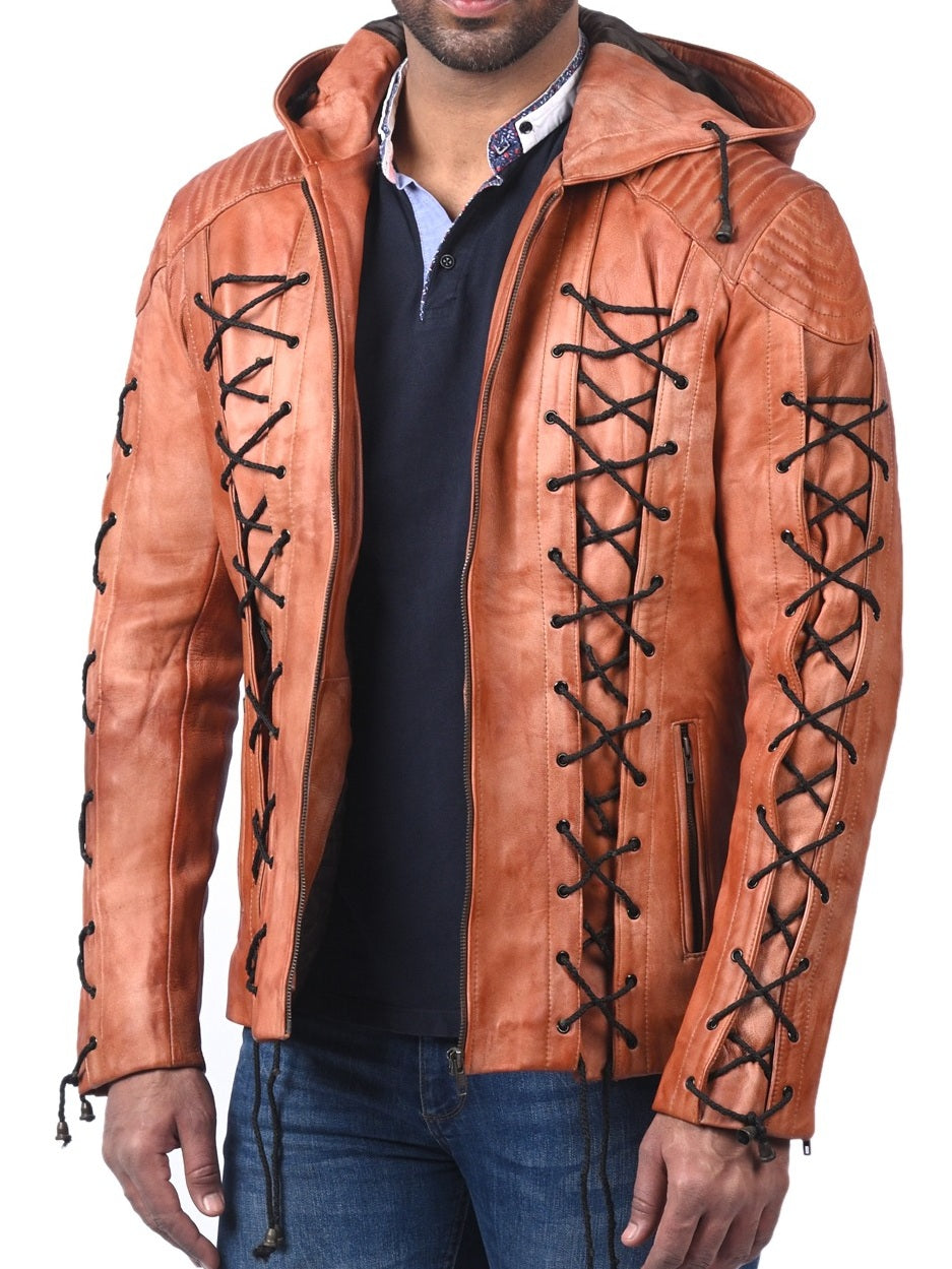Roy Harper Arrow men’s tan waxed real leather hoodie jacket with front zip closure

