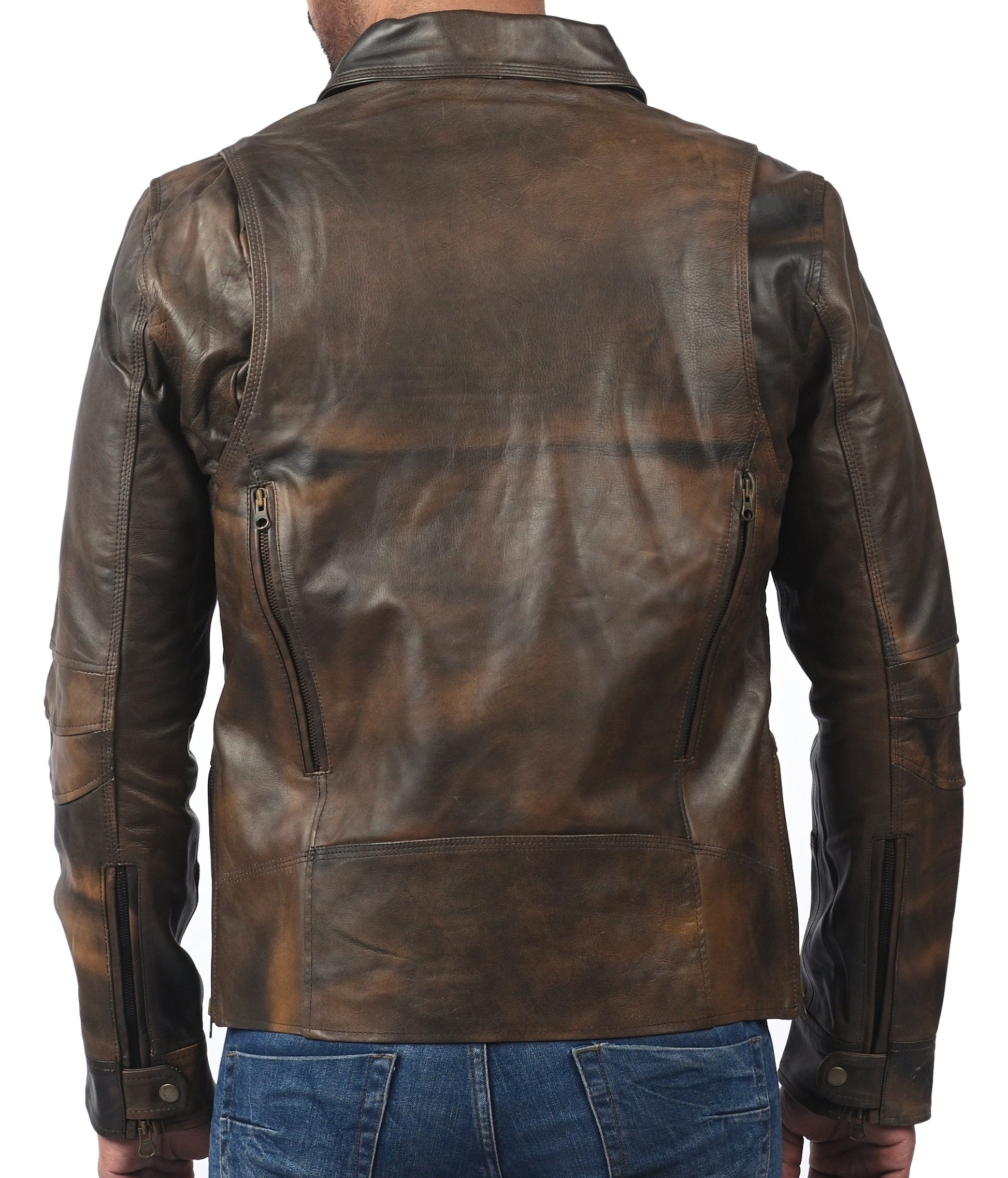Triple Stitch women’s distressed brown leather jacket with double-breasted front and rugged finish

