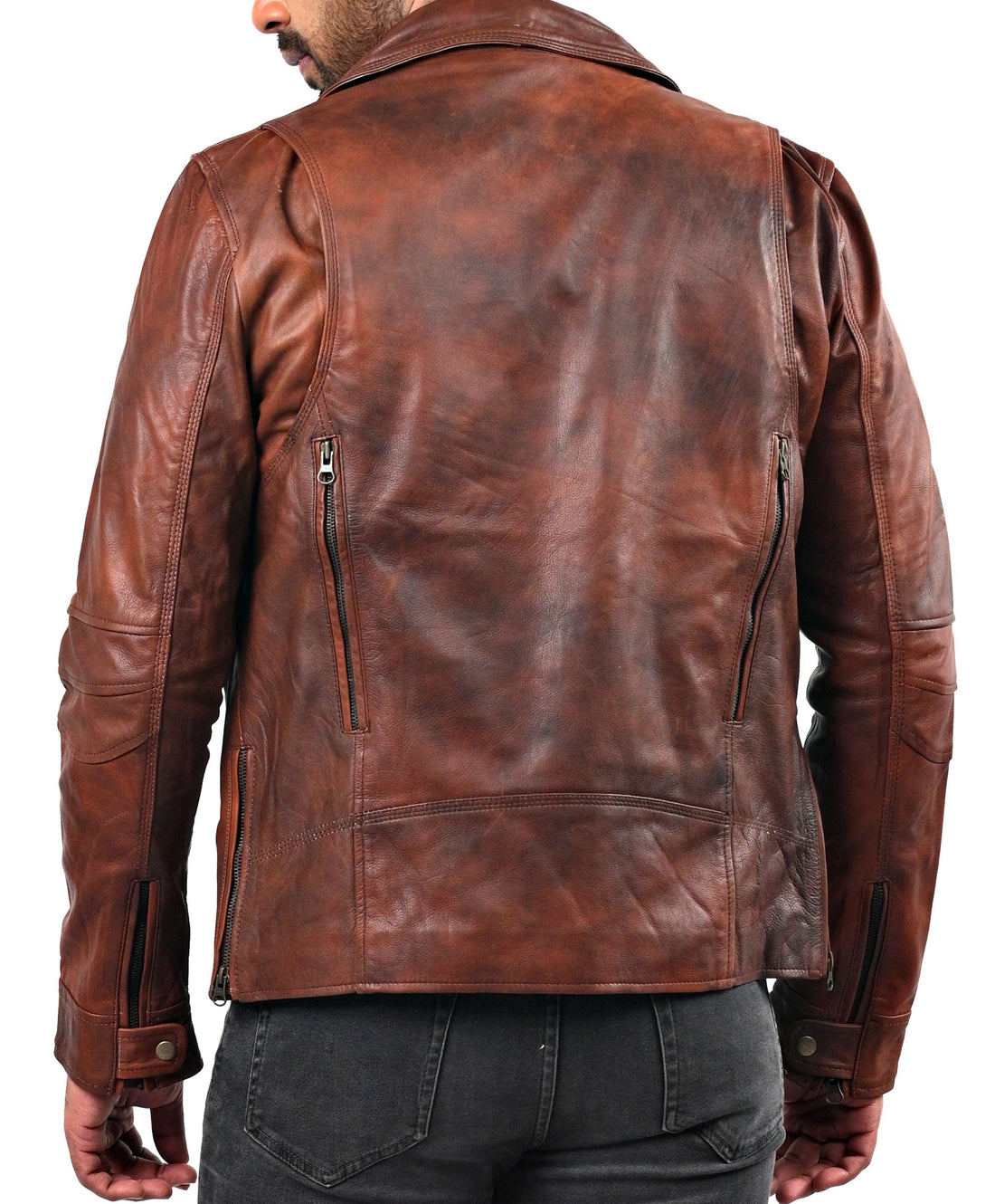 Triple Stitch men’s distressed camel leather jacket with double-breasted front and rugged finish

