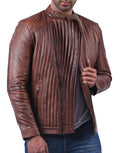 York women’s brown biker jacket with distinctive wavy textured leather design

