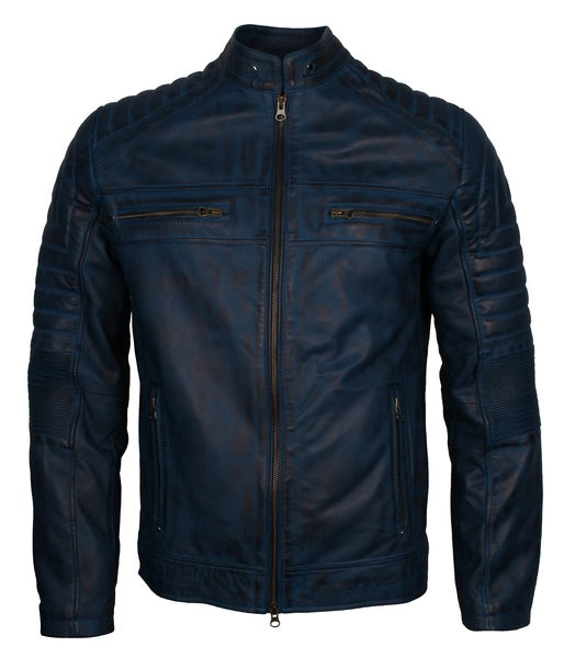 Men’s blue distressed leather biker jacket front view

Café racer jacket in blue sheepskin leather with padded sleeves

blue leather motorcycle jacket with zip pockets for men

distressed café racer jacket with front zipper and padded shoulders

men’s biker jacket in blue with sheepskin leather finish