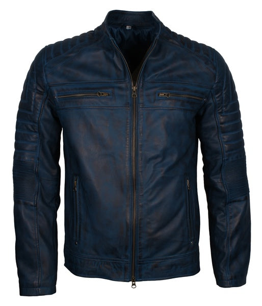 Men’s blue distressed leather biker jacket front view

Café racer jacket in blue sheepskin leather with padded sleeves

blue leather motorcycle jacket with zip pockets for men

distressed café racer jacket with front zipper and padded shoulders

men’s biker jacket in blue with sheepskin leather finish