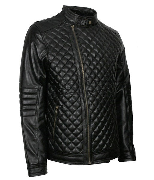 Men’s black genuine leather quilted designer fashion jacket with front zipper

