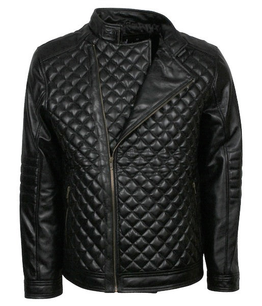 Men’s black genuine leather quilted designer fashion jacket with front zipper

