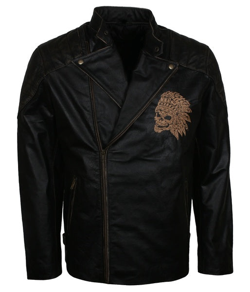 Men’s black genuine leather jacket with skull graphic design on front

