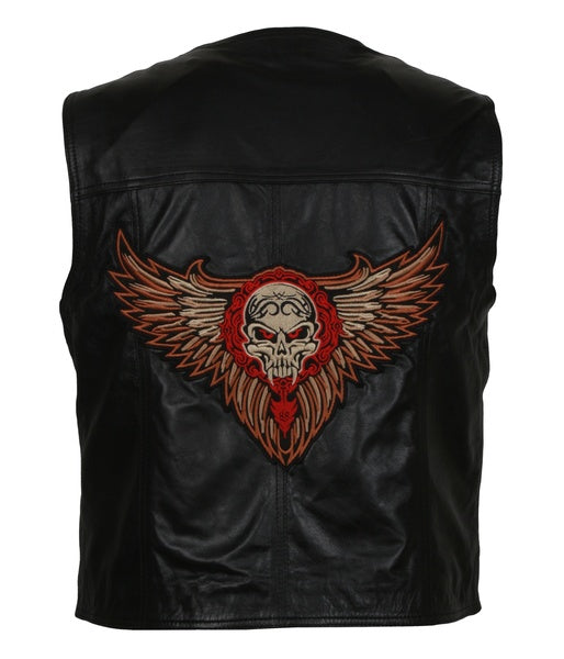 Men’s black leather vest with bold skull graphic design

