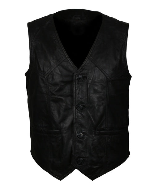 Men’s black leather vest with bold skull graphic design

