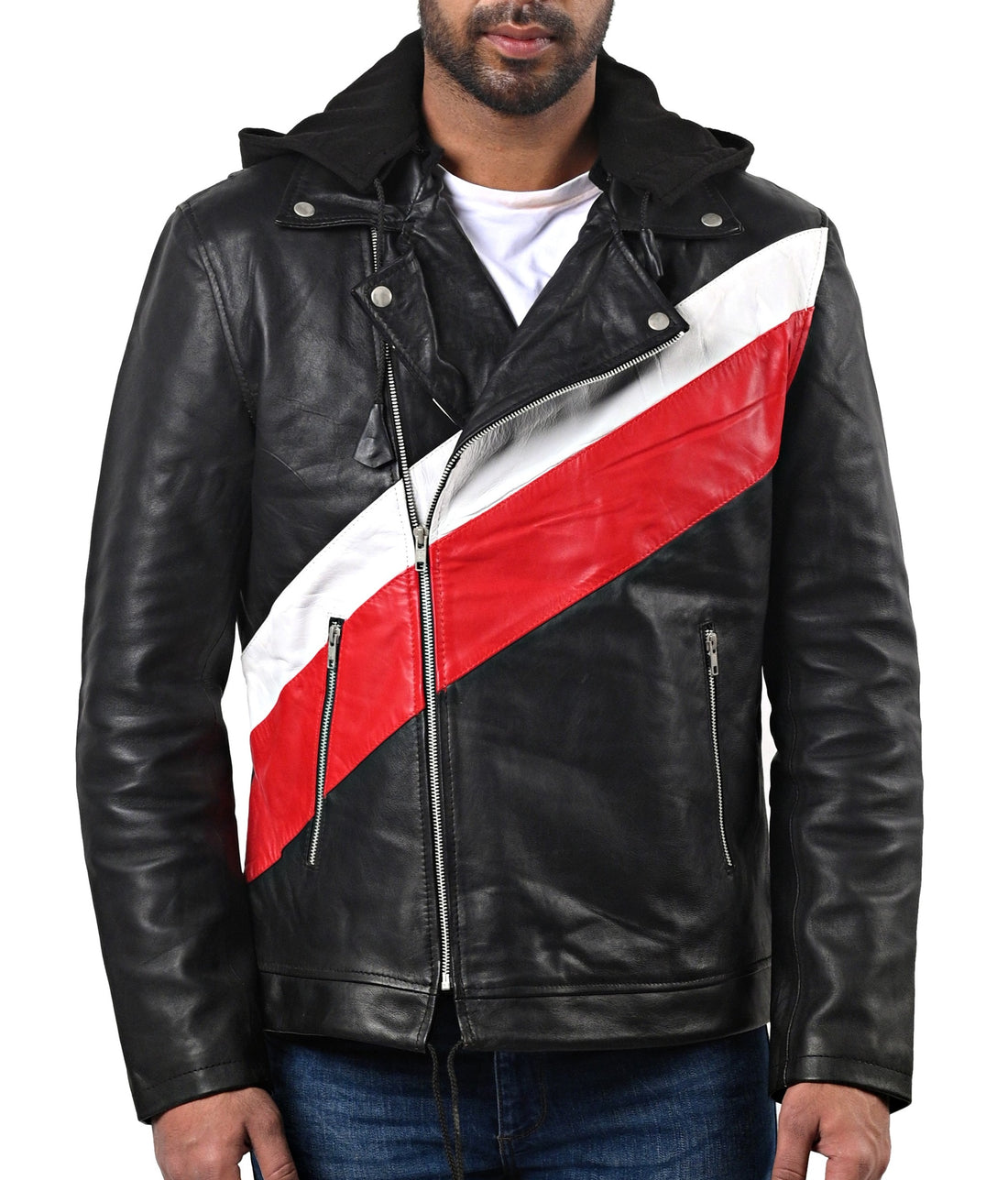 Ross Butler men’s black leather jacket with classic tailored fit and zip front

