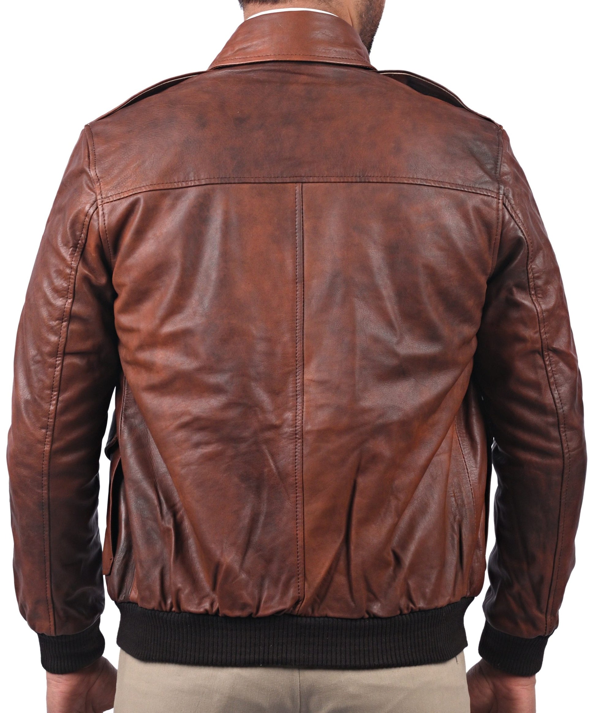 Aviator A2 men’s brown leather pilot bomber jacket with front zipper and flap pockets

