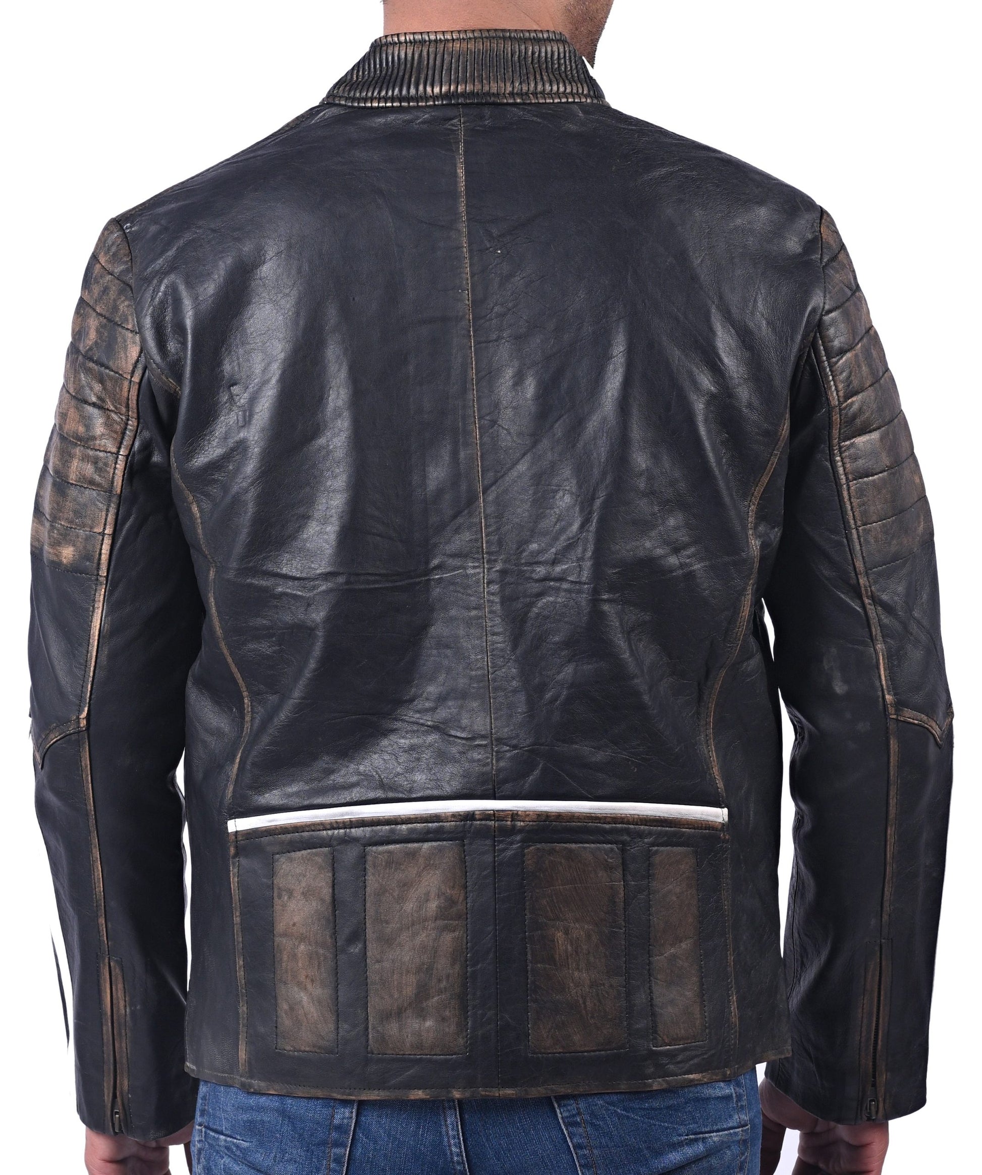 Men’s black distressed real cow leather jacket with rugged finish and zip-up front

